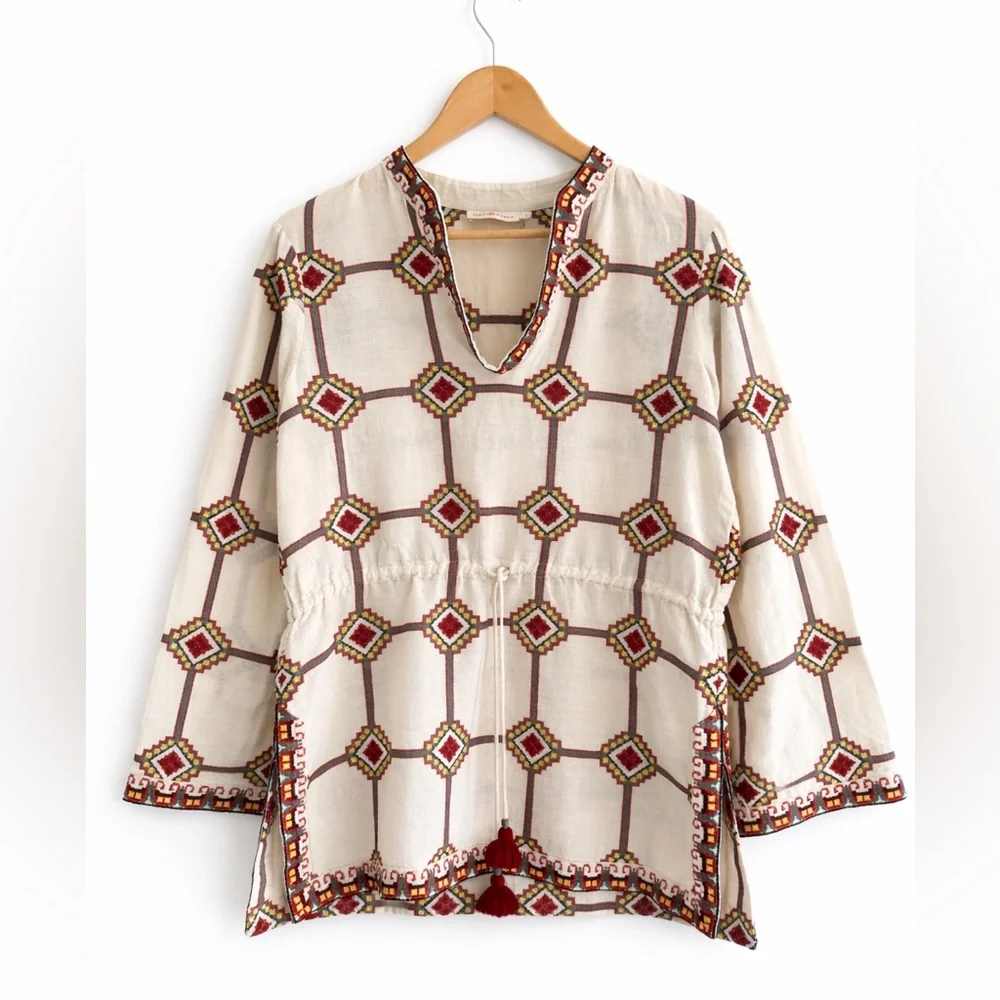 Tory Burch Embroidered‎ Linen Cotton Tunic Blouse Size 6